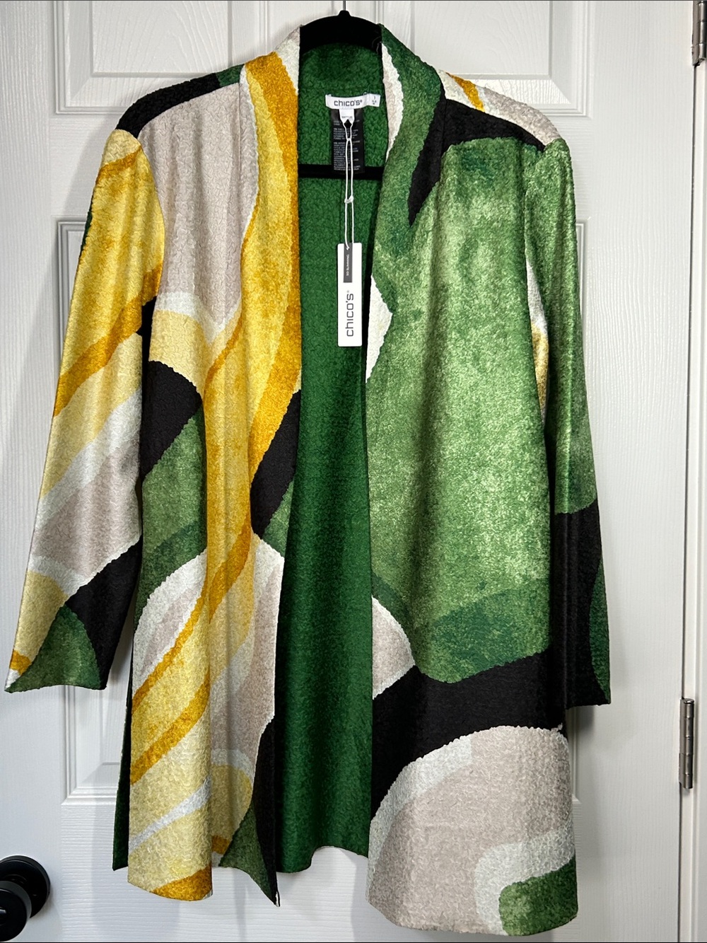 Chico's Open-Front Abstract Print Cardigan - Green, Yellow, Black, Cream